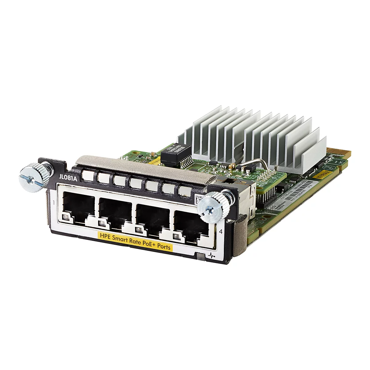 Ein Computer-Hardware-Netzwerkswitch, JL081A mit 4 PoE+ Ports, metallischer Kühlkörper, graue Schrauben, gelbes HPE-Etikett.