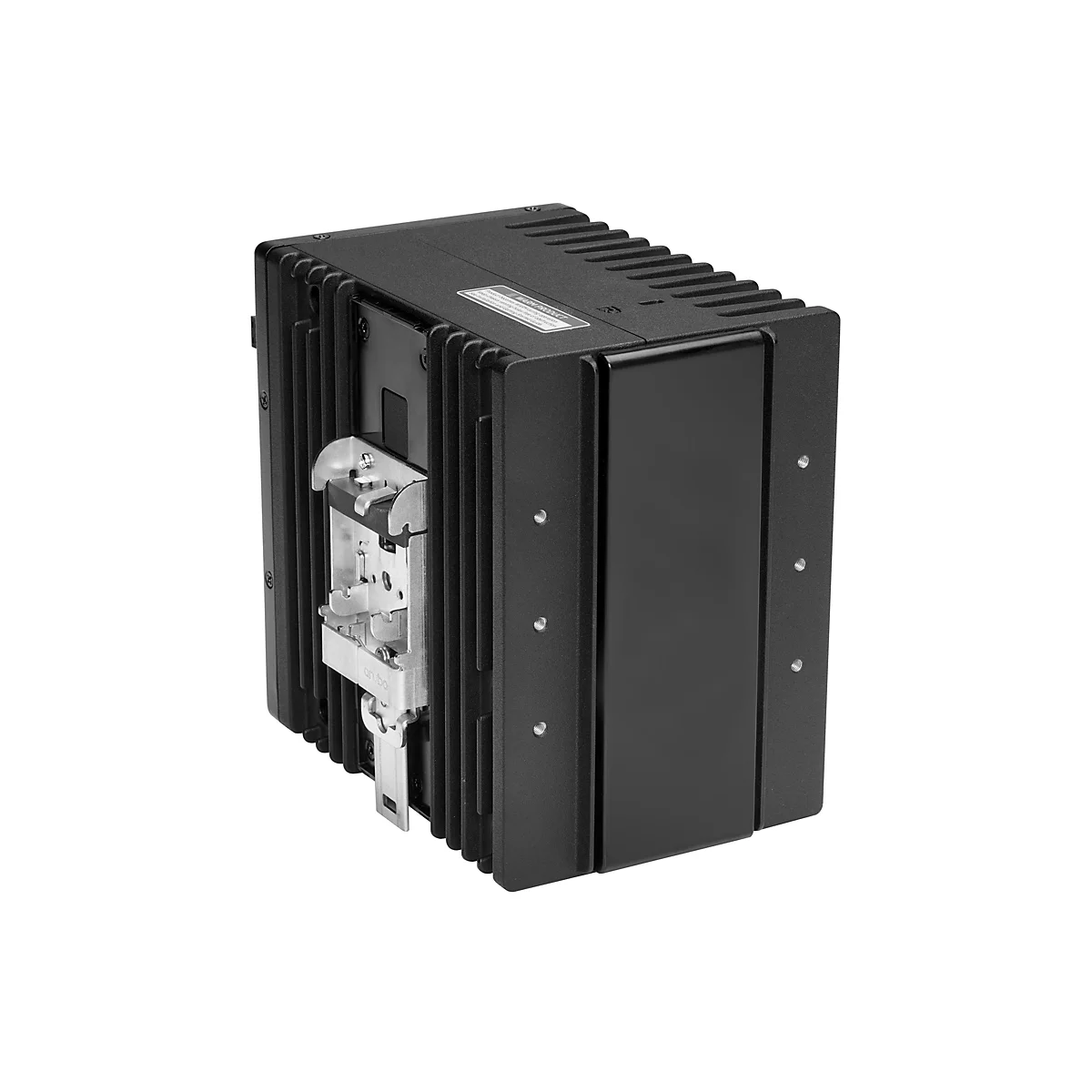 Schwarzes rechteckiges elektronisches Gerät mit Kühlrippen und metallischen Befestigungen, vor weißem Hintergrund. Auf der Seite steht "Aruba".