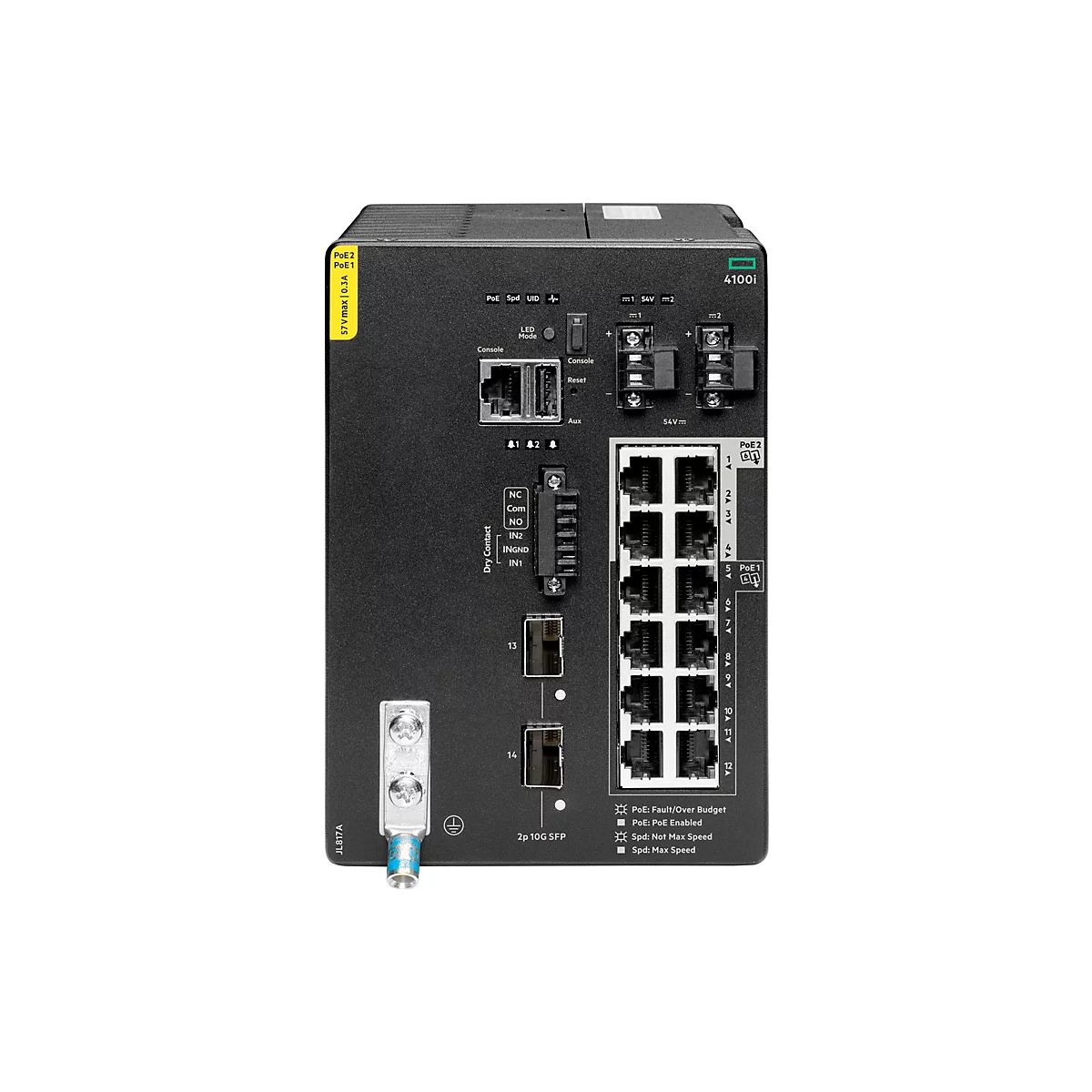 Ein schwarzer Netzwerkswitch mit zahlreichen Anschlüssen, Beschriftungen und Anzeigen. Es gibt Anschlüsse für PoE, Konsolen- und andere Verbindungen. Auf der rechten Seite sind zahlreiche Ethernet-Ports angeordnet. Auf der linken Seite befindet sich ei...