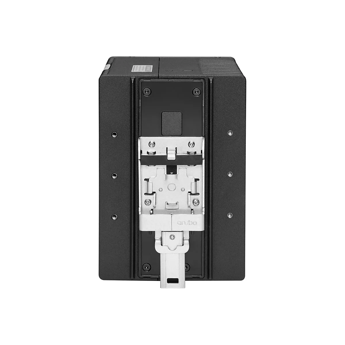 Schwarzes Gerät mit Metallhalterung, Aufschrift 'aruba'.