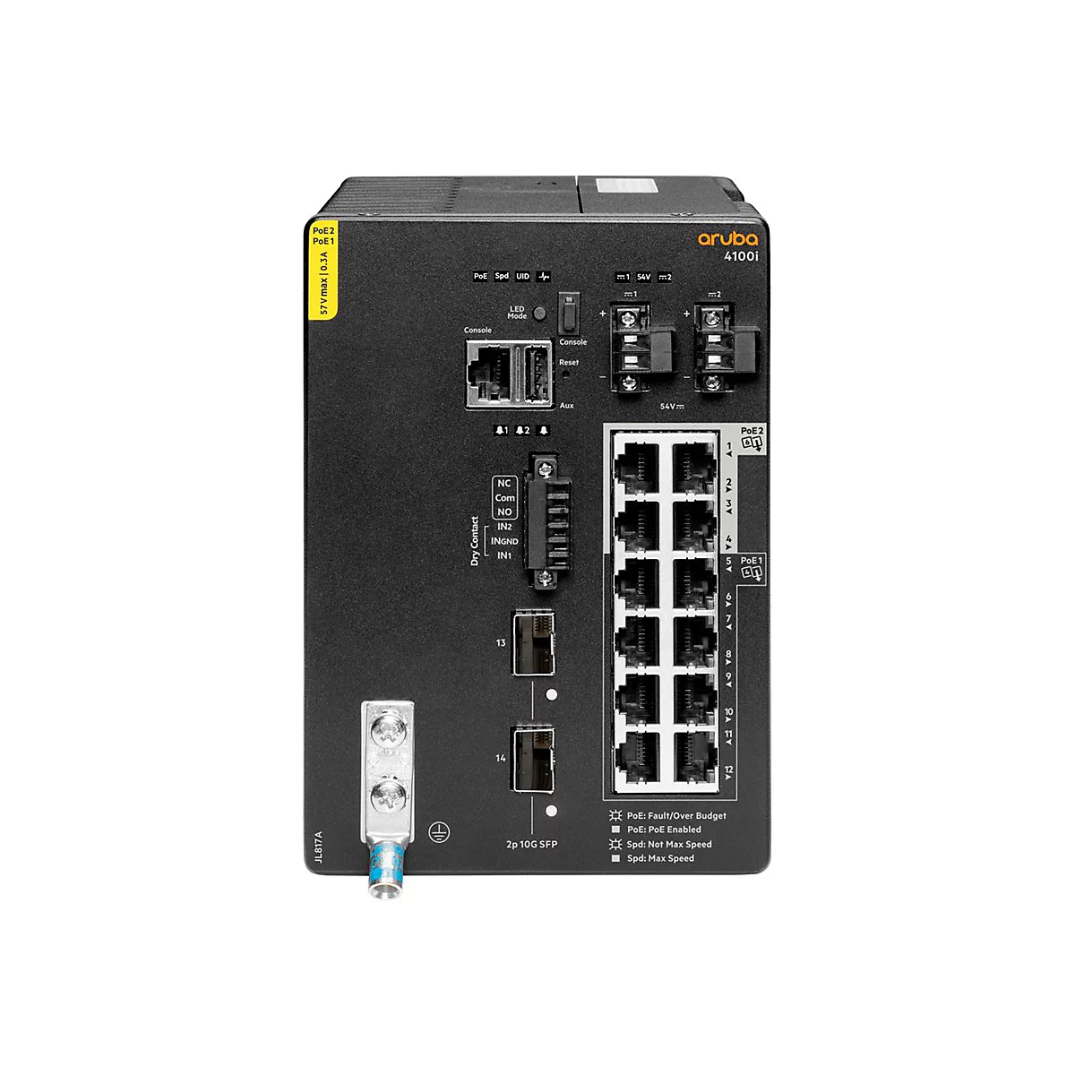 Schwarzes Aruba 4100i Switch-Gerät mit verschiedenen Anschlüssen und Anzeigen. Aufgelistet sind Labels wie "PoE", "Console" und "54V".