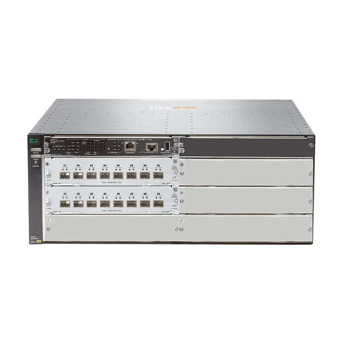 Ein graues Netzwerkgerät von HPE Aruba mit mehreren Ports und Modulen.