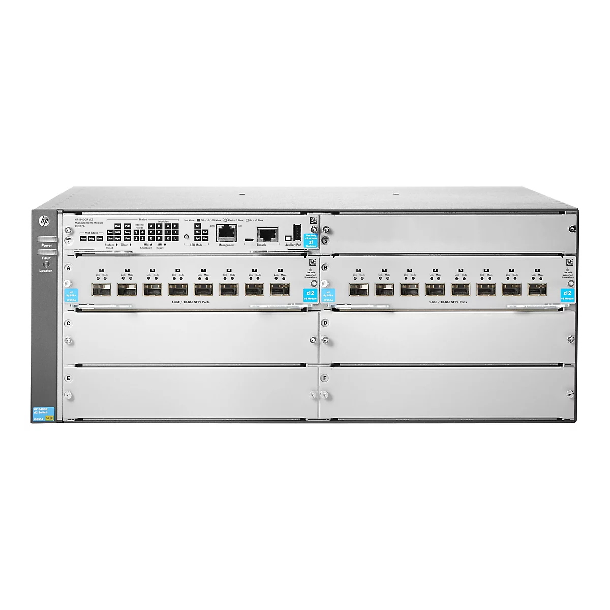 Ein grauer Serverschrank mit vielen Anschlüssen und Anzeigen. Auf der linken Seite befindet sich das HP-Logo, darunter Tasten wie "Power", "Fault" und "Locator". Die Vorderseite ist in mehrere Ebenen unterteilt, mit Beschriftungen wie "1-GbE/10-GbE SFP...