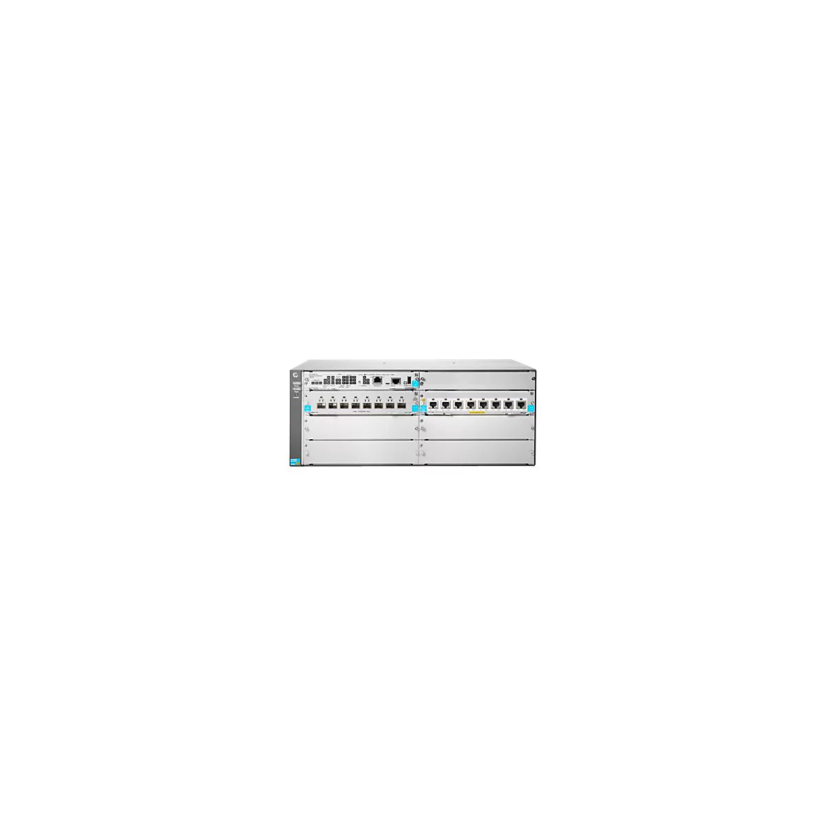 Ein grauer Netzwerk-Switch mit vielen Ports und Anschlüssen, vor weißem Hintergrund.