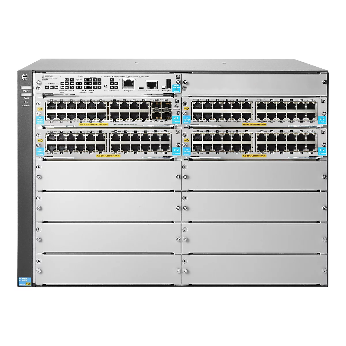 Ein graues Netzwerkgerät mit zahlreichen Anschlüssen und Anzeigen. Auf der Oberfläche sind Beschriftungen wie "HP" und "POE" sowie verschiedene Module und Ports zu sehen.