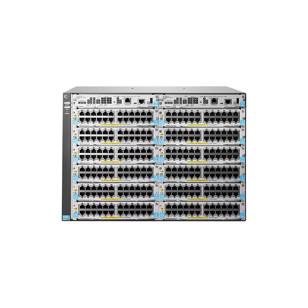 Ein grauer Netzwerk-Switch mit vielen Ports, Anschlüssen und Anzeigen. HP-Logo oben links.