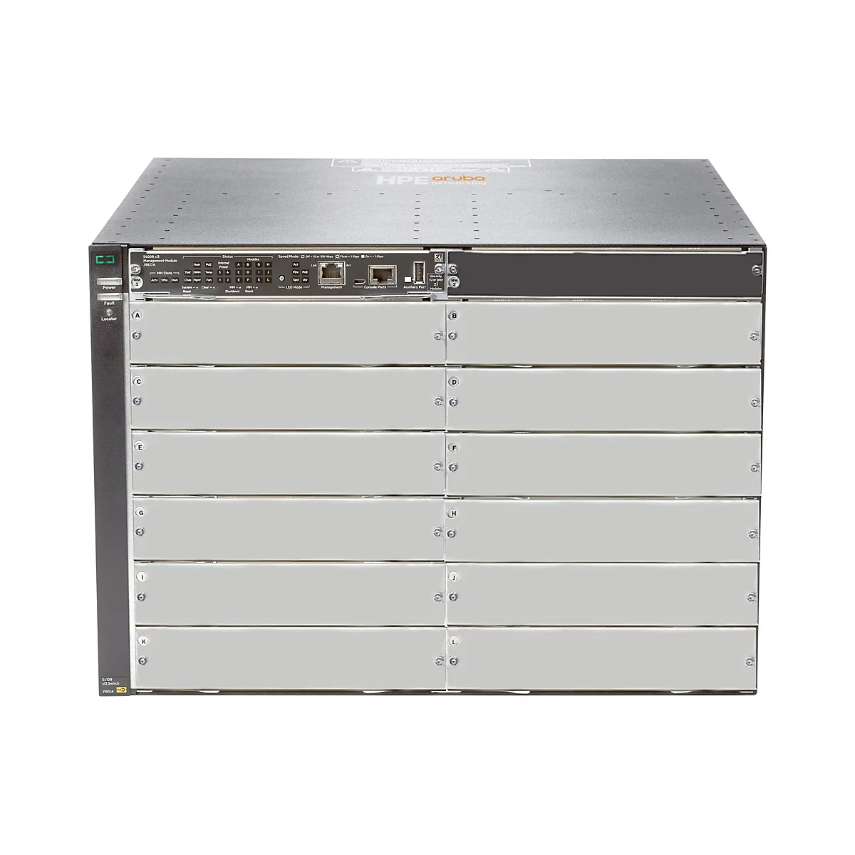 Ein graues Netzwerkgerät mit mehreren Modulen und Anzeigen, vorne das Logo von HPE Aruba.