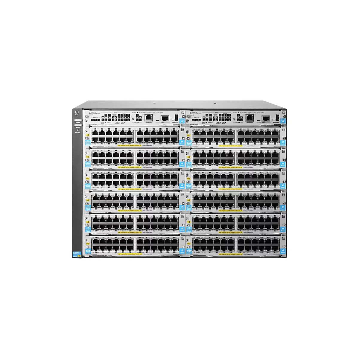 Ein großes, graues Netzwerk-Switch-Rack mit vielen Anschlüssen und Modulen, HP Logo.