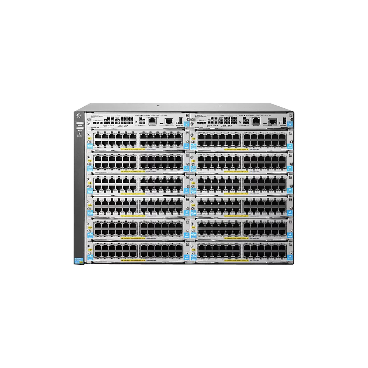 Ein Computer-Switch mit zahlreichen Ports und Anschlüssen. Der Switch ist in einem Metallgehäuse montiert.