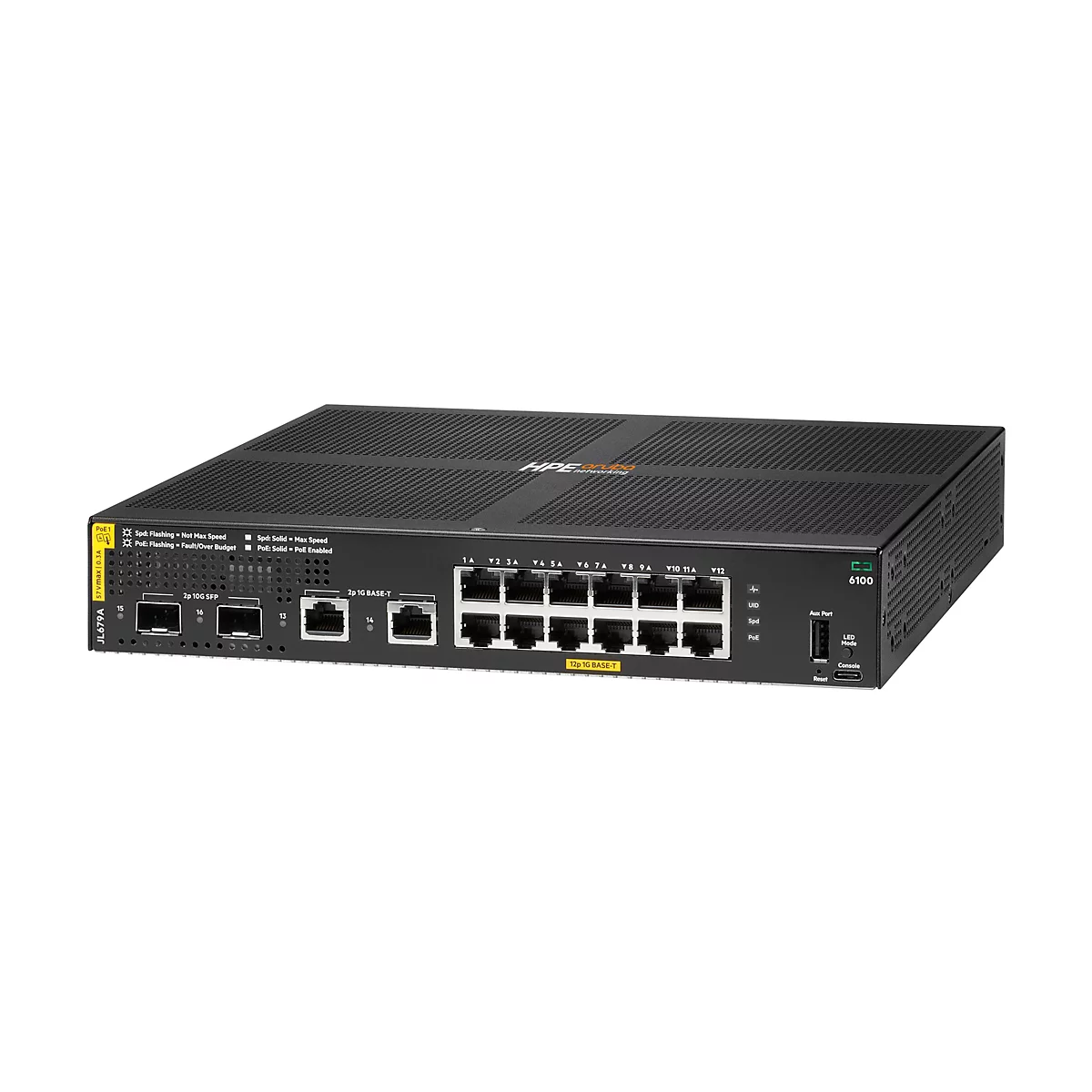 Ein schwarzer Netzwerk-Switch mit Ports und Kontrollleuchten. Auf der Oberseite steht HPE Networking. Auf der Vorderseite stehen die Bezeichnungen für verschiedene Ports, z.B. 2p 10G SFP.