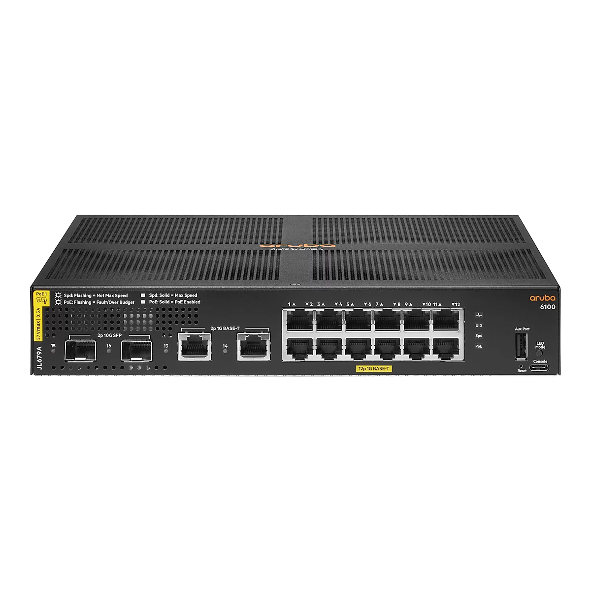 Schwarzer Aruba 6100 Netzwerk-Switch, zahlreiche Ports, LED-Anzeigen, Beschriftungen und Modellnummern.