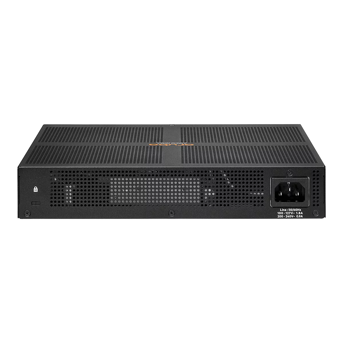 Schwarzer Netzwerk-Switch mit Lüftungsöffnungen, Stromanschluss und Beschriftung. Links ein Schloss-Symbol.