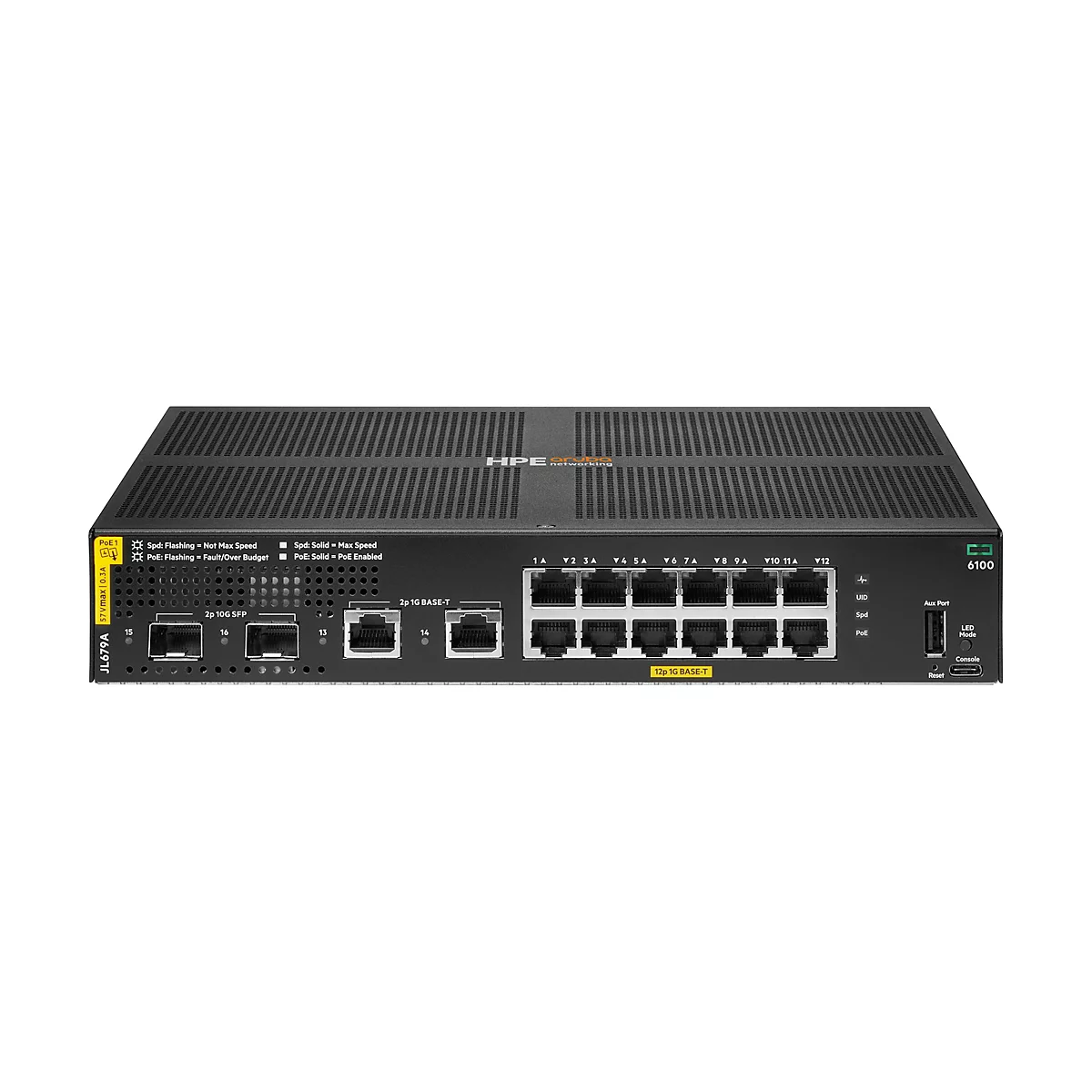 Schwarzer Netzwerk-Switch mit Ports, Beschriftungen und LED-Anzeigen. Das Gerät trägt das HPE Aruba-Logo.