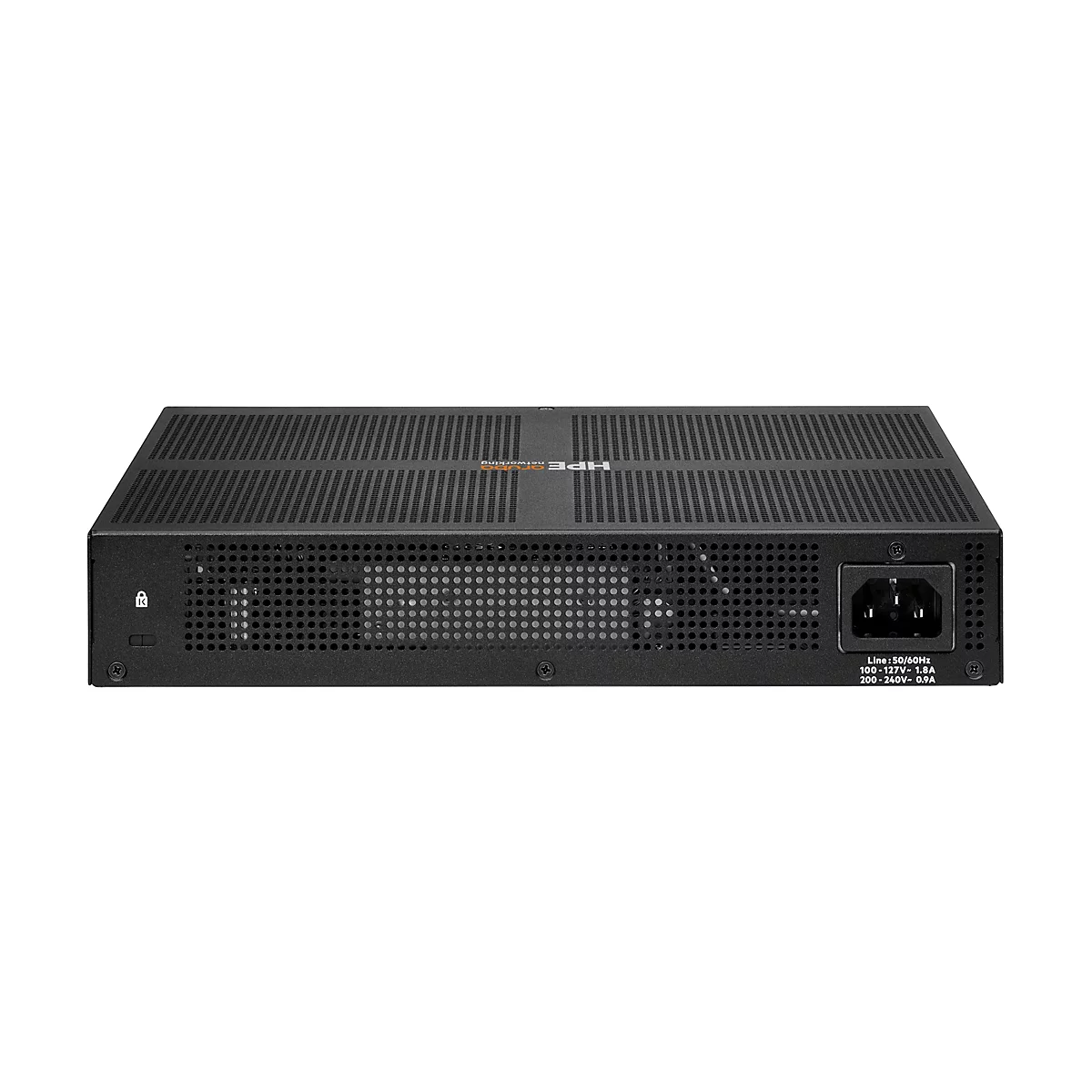 Ein schwarzes Netzwerkgerät, dessen Rückseite vor weißem Hintergrund dargestellt ist. Es hat Lüftungsschlitze, einen Stromanschluss und eine Beschriftung.