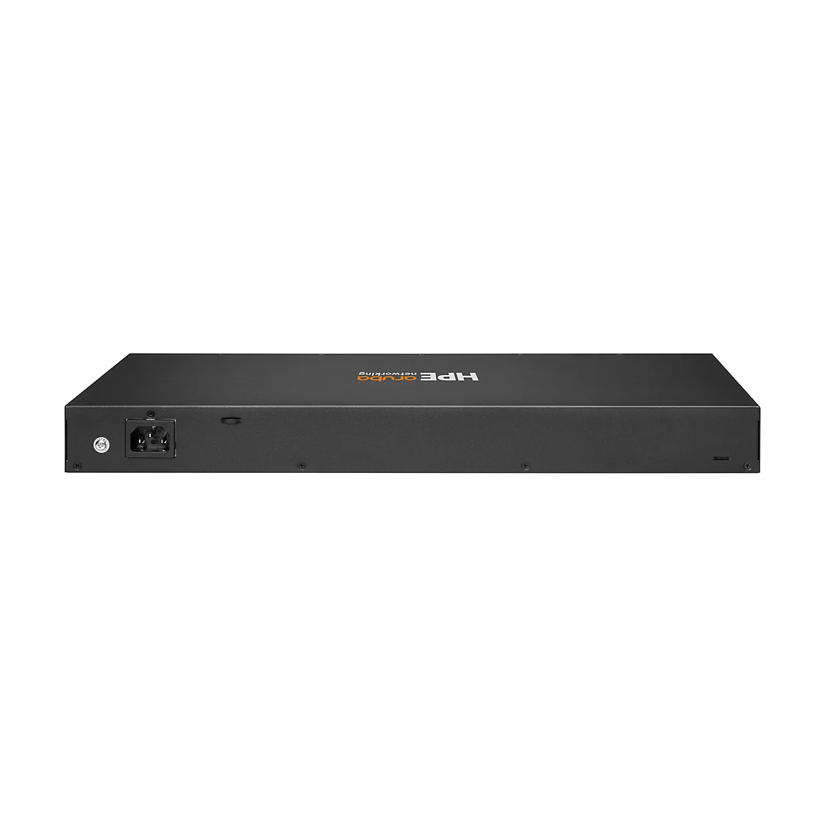Ein schwarzes Netzwerkgerät, HPE Aruba, von vorne. Steckeranschluss und Markenschriftzug erkennbar.