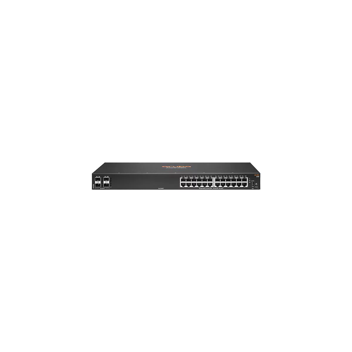 Schwarzer Aruba Netzwerk Switch. Frontansicht mit zahlreichen Ports und dem Firmenlogo.