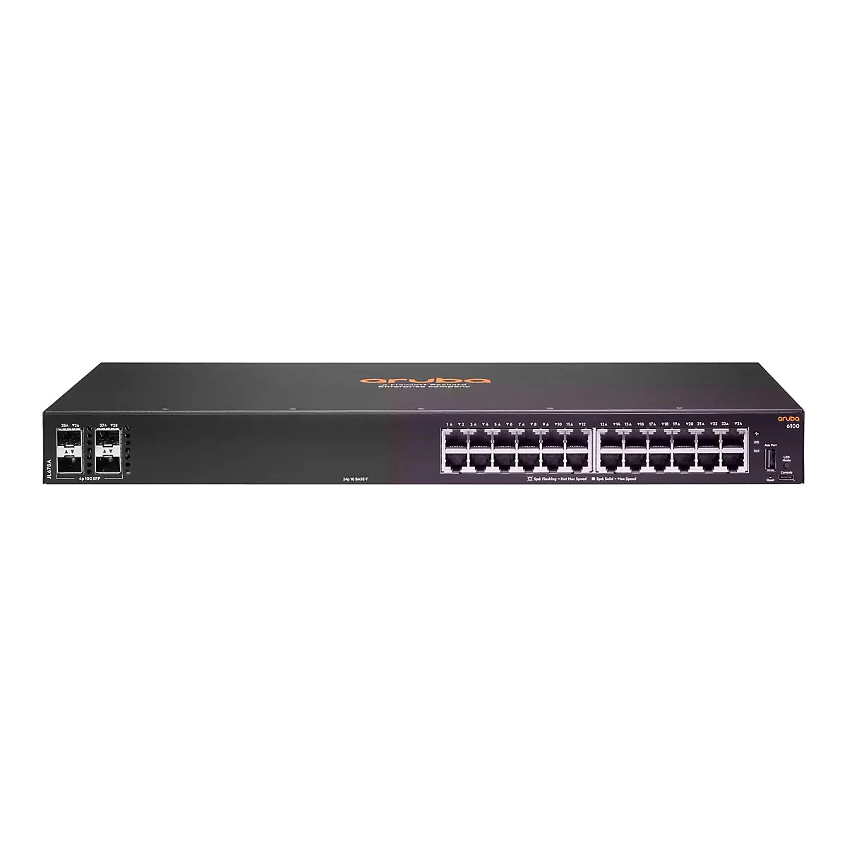 Ein schwarzer Aruba 6100 Switch, vorne mit Ports und Anschlüssen. Der Switch hat das Aruba Logo und Modellnummer.