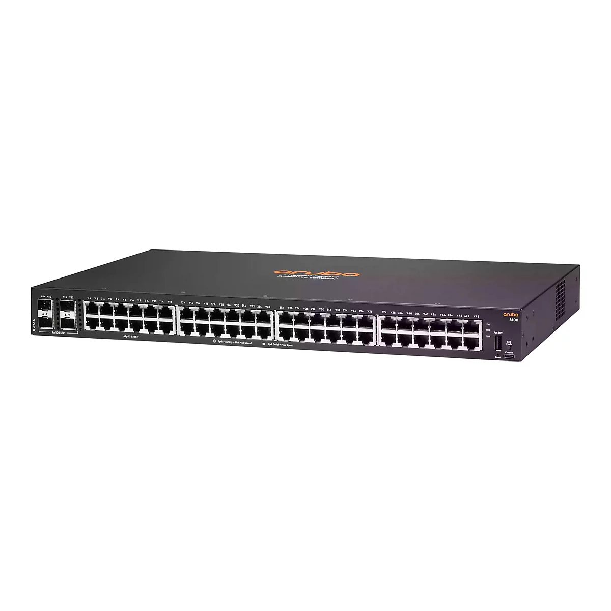 Ein schwarzer Aruba 6100 Netzwerk-Switch. Auf der Vorderseite sind viele RJ45-Ports und zwei SFP-Ports sichtbar.