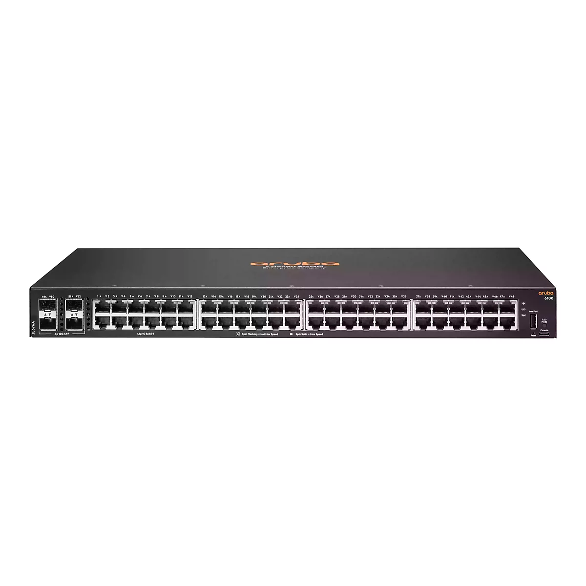 Schwarzer Aruba 6100 Switch, vorne gesehen. Viele Netzwerkanschlüsse, Modell- und Markenbezeichnung deutlich sichtbar.