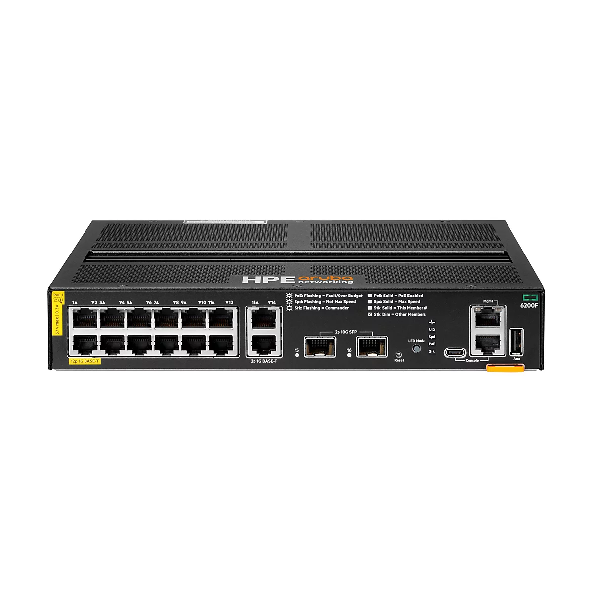 Ein schwarzer Netzwerk-Switch mit Ports und Anschlüssen, darunter Ethernet und SFP. Beschriftungen umfassen "HPE Aruba networking" und "6200F".