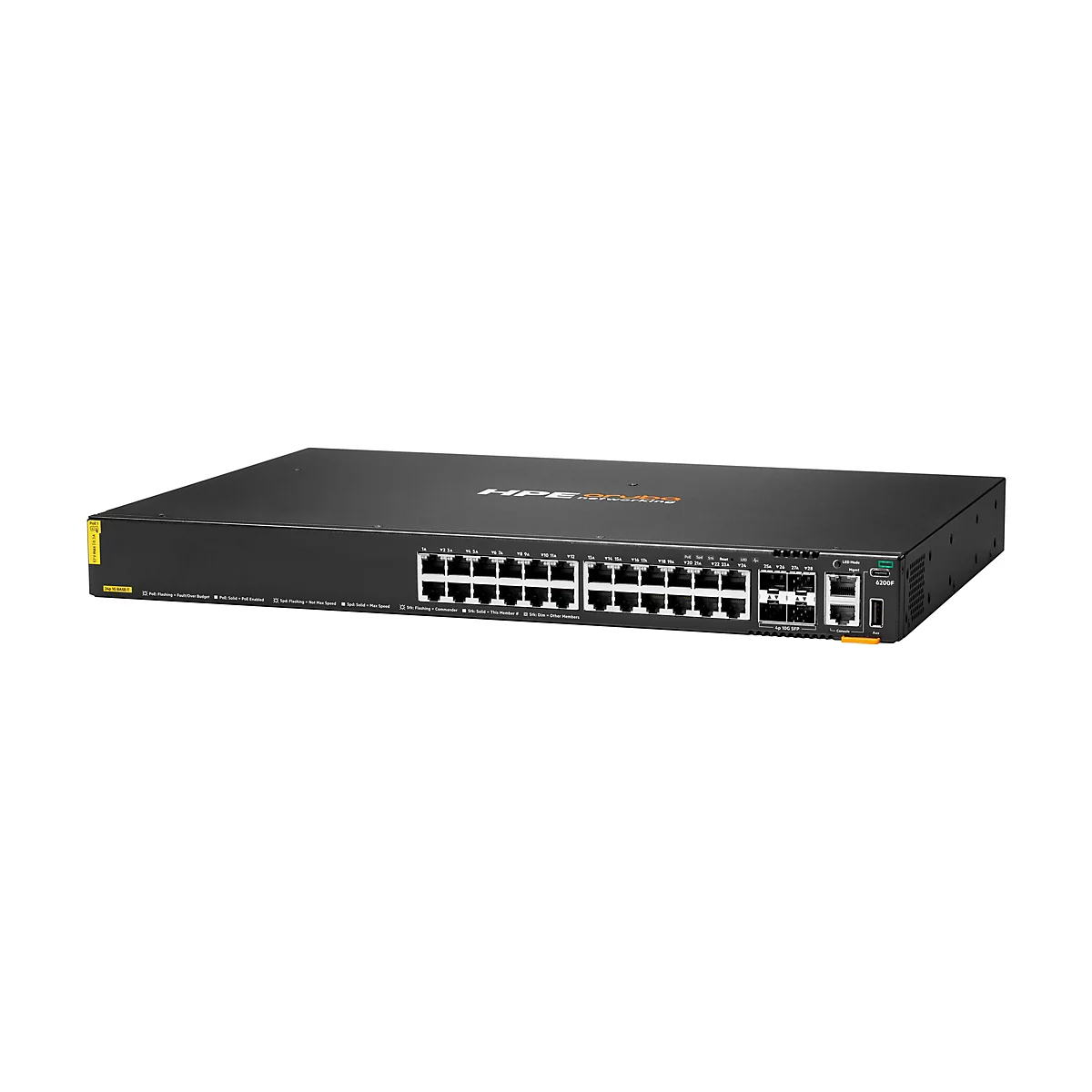 Ein schwarzer Netzwerk-Switch mit Ports und Anschlüssen. Oben steht der Schriftzug "HPE networking".