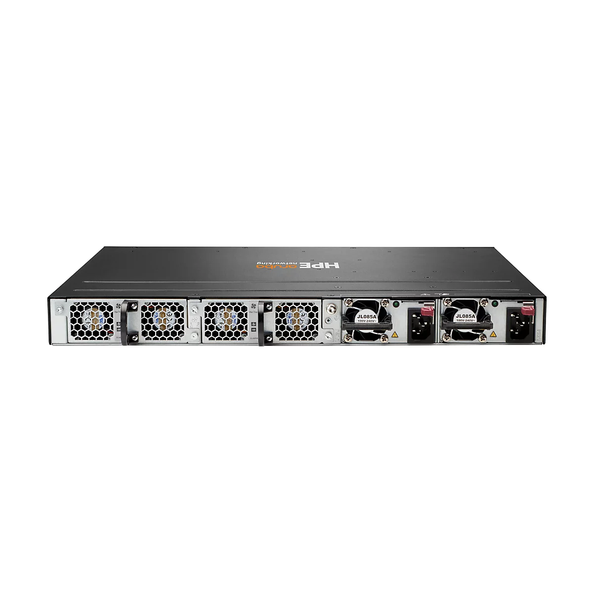 Rückansicht eines schwarzen Netzwerk-Switches auf weißem Hintergrund. Die Rückseite zeigt Lüfter, Stromanschlüsse und Aufkleber mit Produktinformationen.
