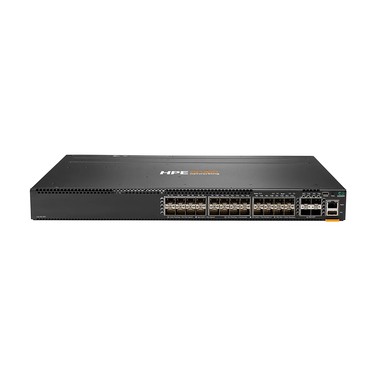Ein schwarzer HPE Networking Switch vor weißem Hintergrund. Der Switch ist mit zahlreichen Anschlüssen und Anzeigen ausgestattet. Das HPE-Logo ist sichtbar.
