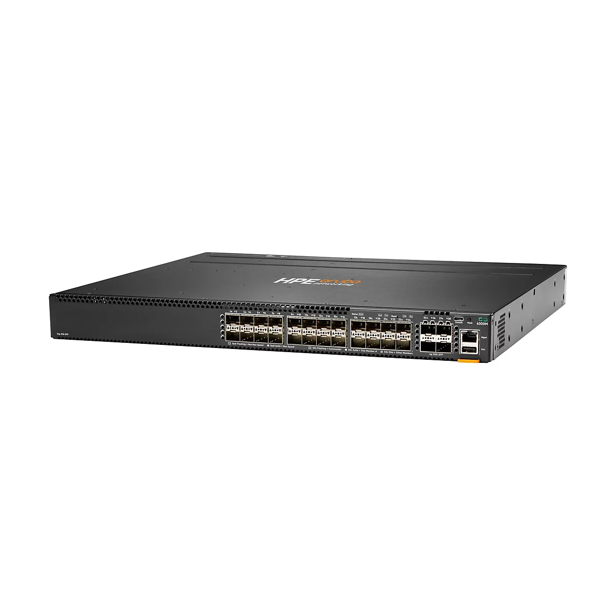Schwarzer Netzwerk-Switch mit Ports und Anzeigen. Auf der Oberfläche steht "HPE Aruba networking".