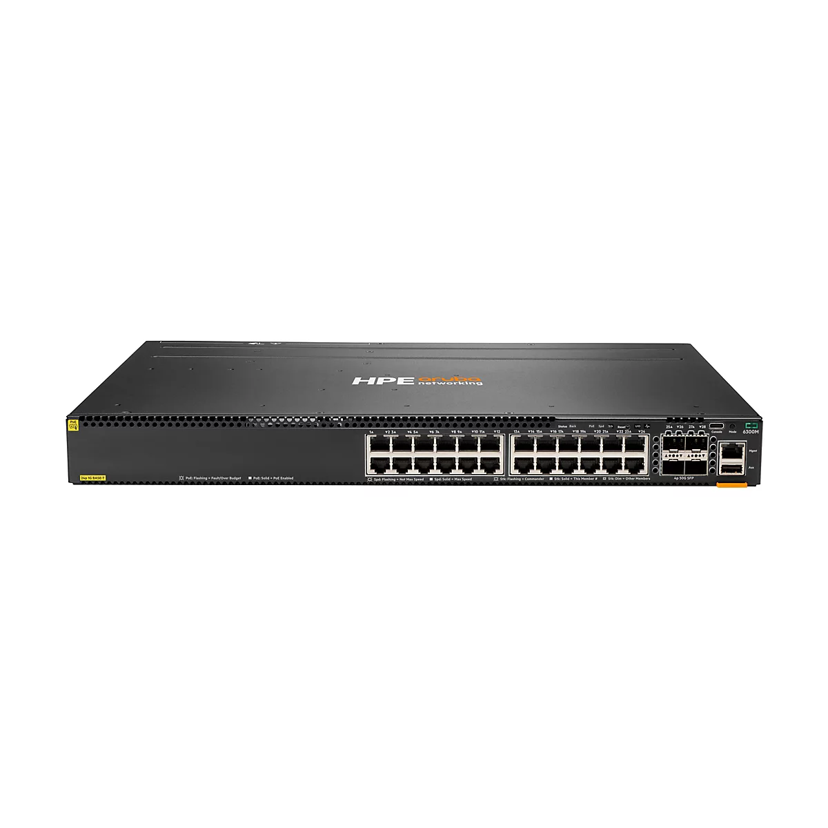 Ein schwarzer Netzwerk-Switch mit Ports und Anschlüssen. Oben steht HPE networking.