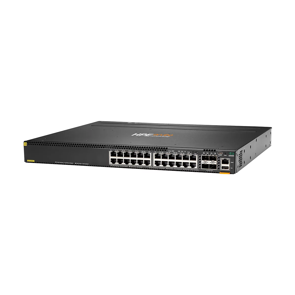 Ein schwarzer Netzwerk-Switch, HPE Aruba, mit zahlreichen Anschlüssen und Anzeigen. Aufschrift: 6300M, 24p 1G BASE-T.