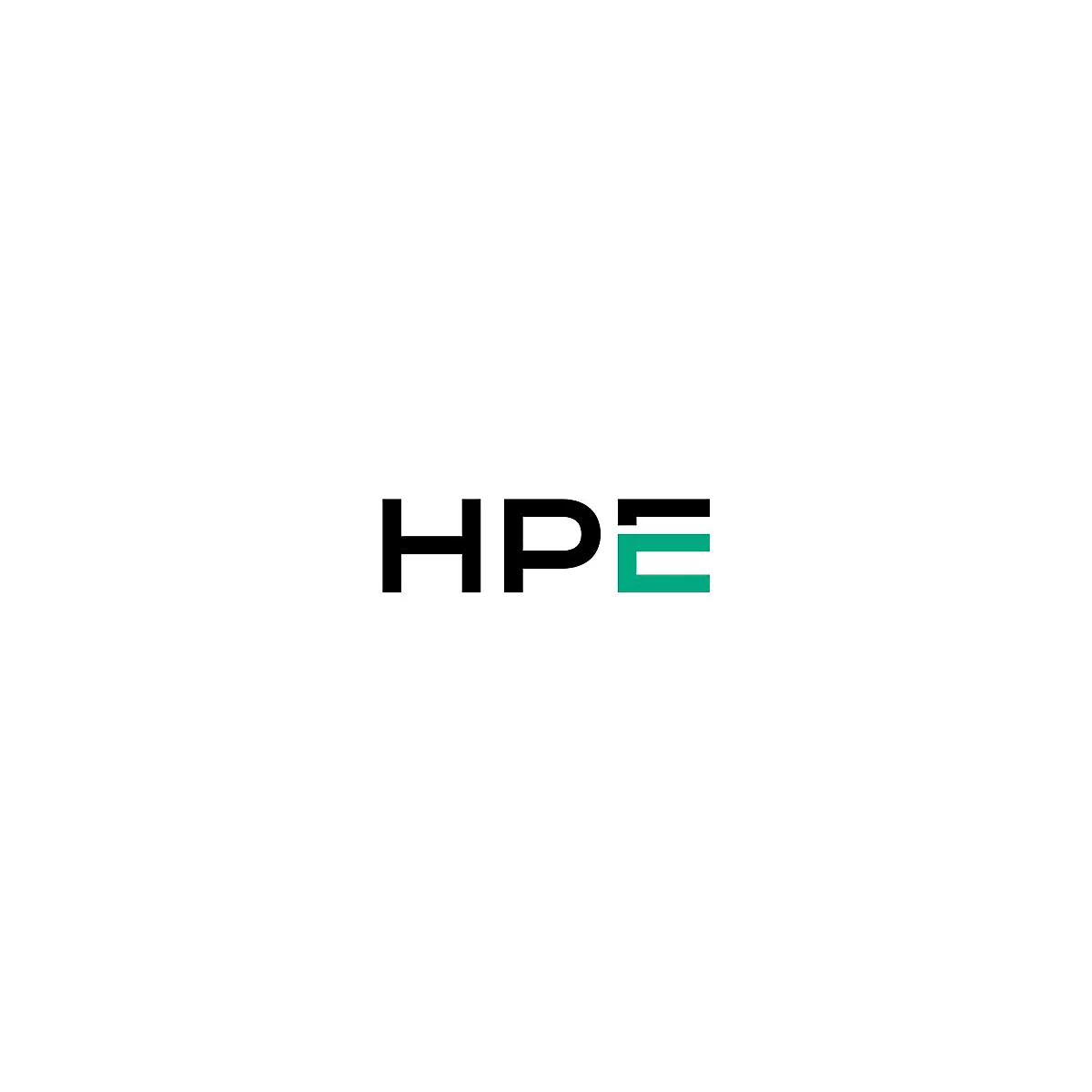 HPE Logo in schwarzer Schrift mit einem grünen Buchstaben E.