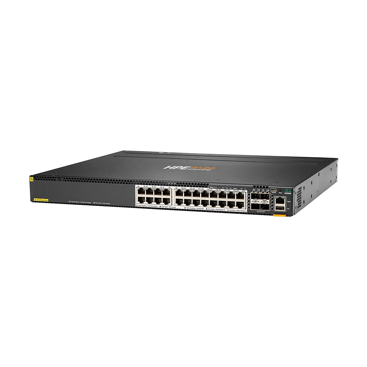 Ein schwarzer Netzwerk-Switch von HPE Aruba. Er hat viele Anschlüsse und Lichter, die verschiedene Zustände anzeigen.