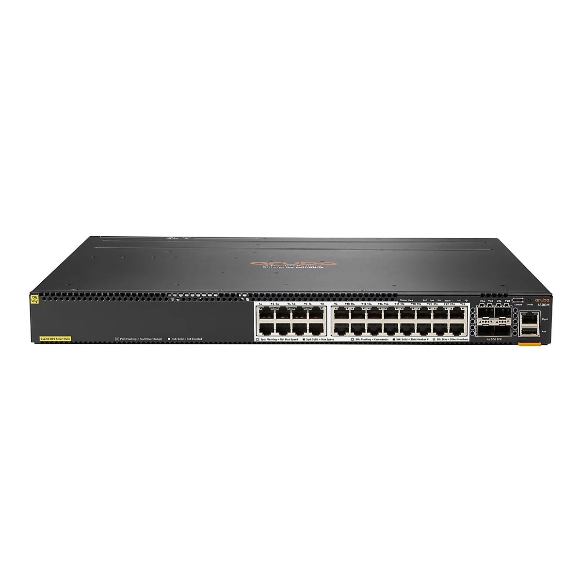 Ein schwarzer Netzwerk-Switch mit Ports und Anschlüssen. Auf der Oberseite befinden sich das Aruba-Logo und verschiedene Anzeigen. Beschriftungen und Markierungen sind auf der Vorderseite zu sehen.