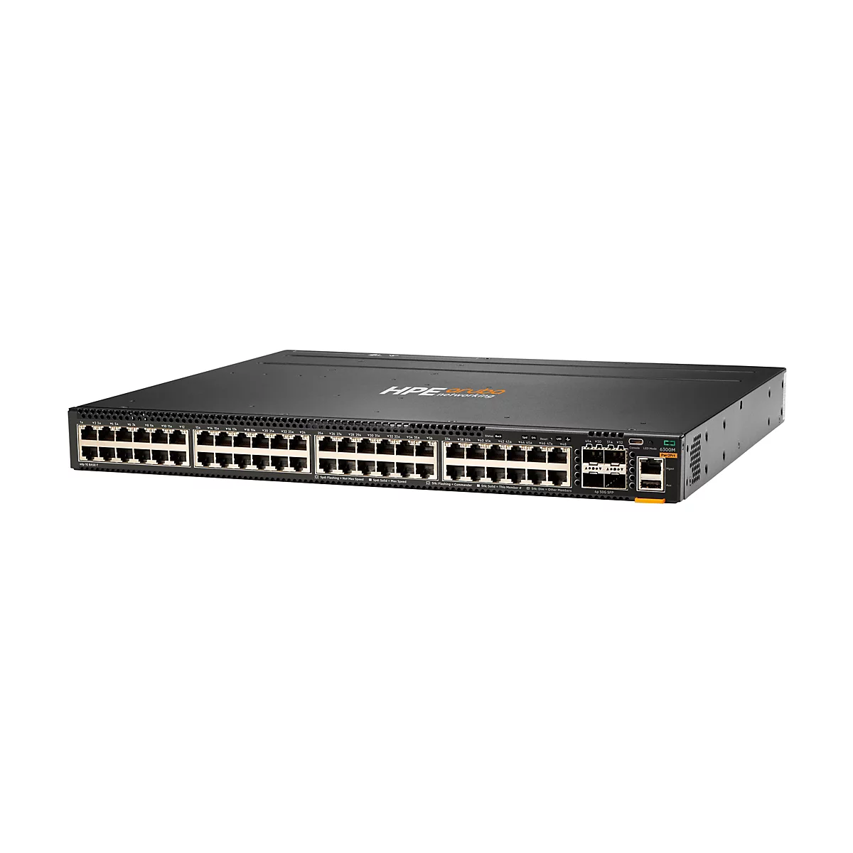 HPE Aruba 6300M Netzwerk-Switch in schwarzem Metallgehäuse mit zahlreichen RJ45- und SFP-Anschlüssen.