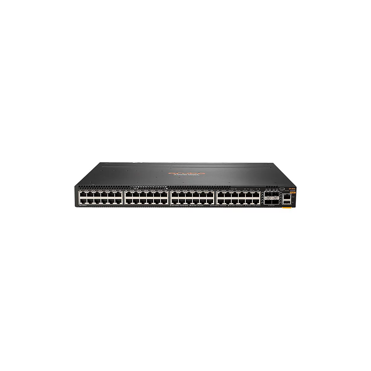 Schwarzer Netzwerk-Switch mit vielen Ports und dem Logo "Aruba".