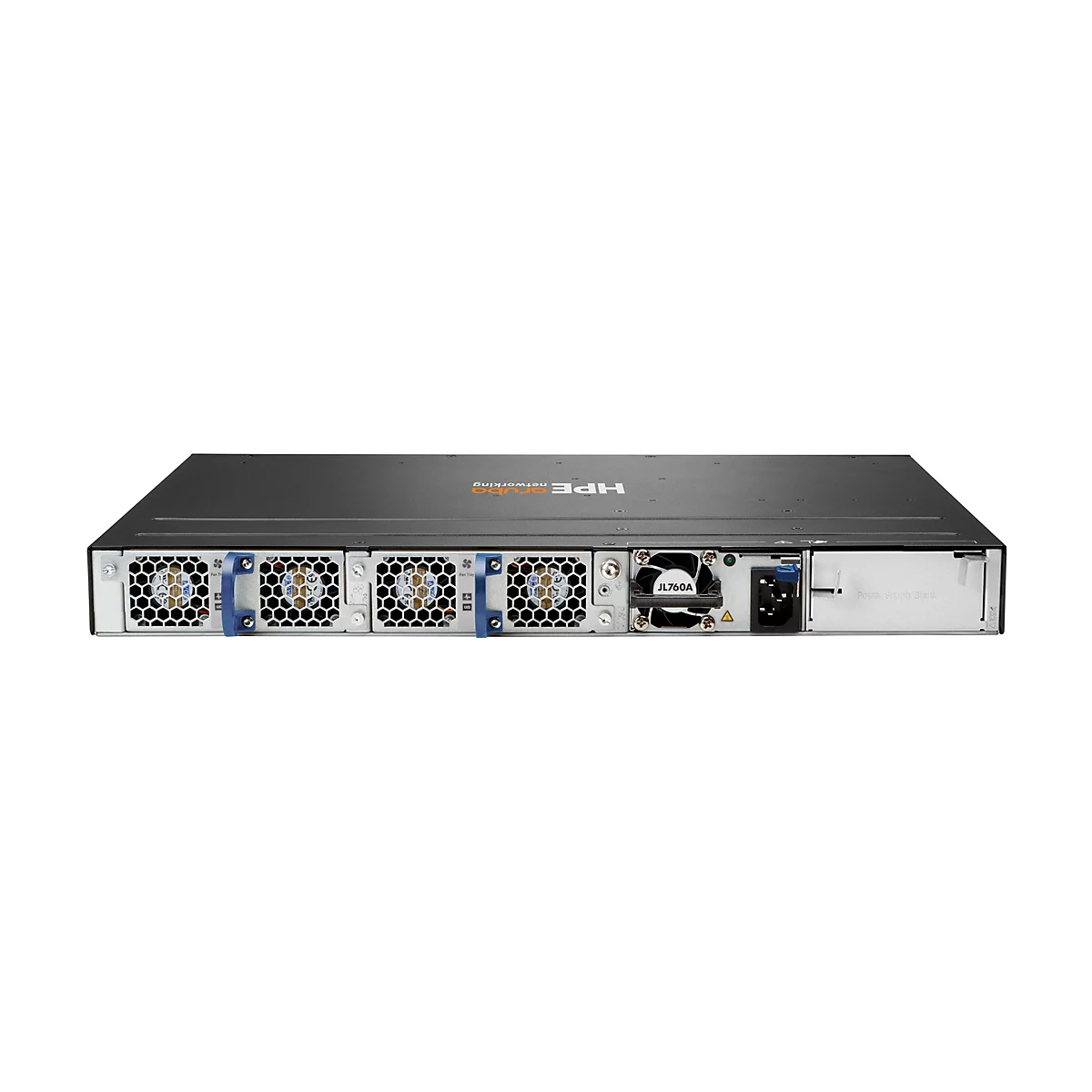 Rückseite eines schwarzen HPE Aruba Netzwerk-Switches mit Lüftereinschüben, Stromanschluss und Slot für Netzteil.