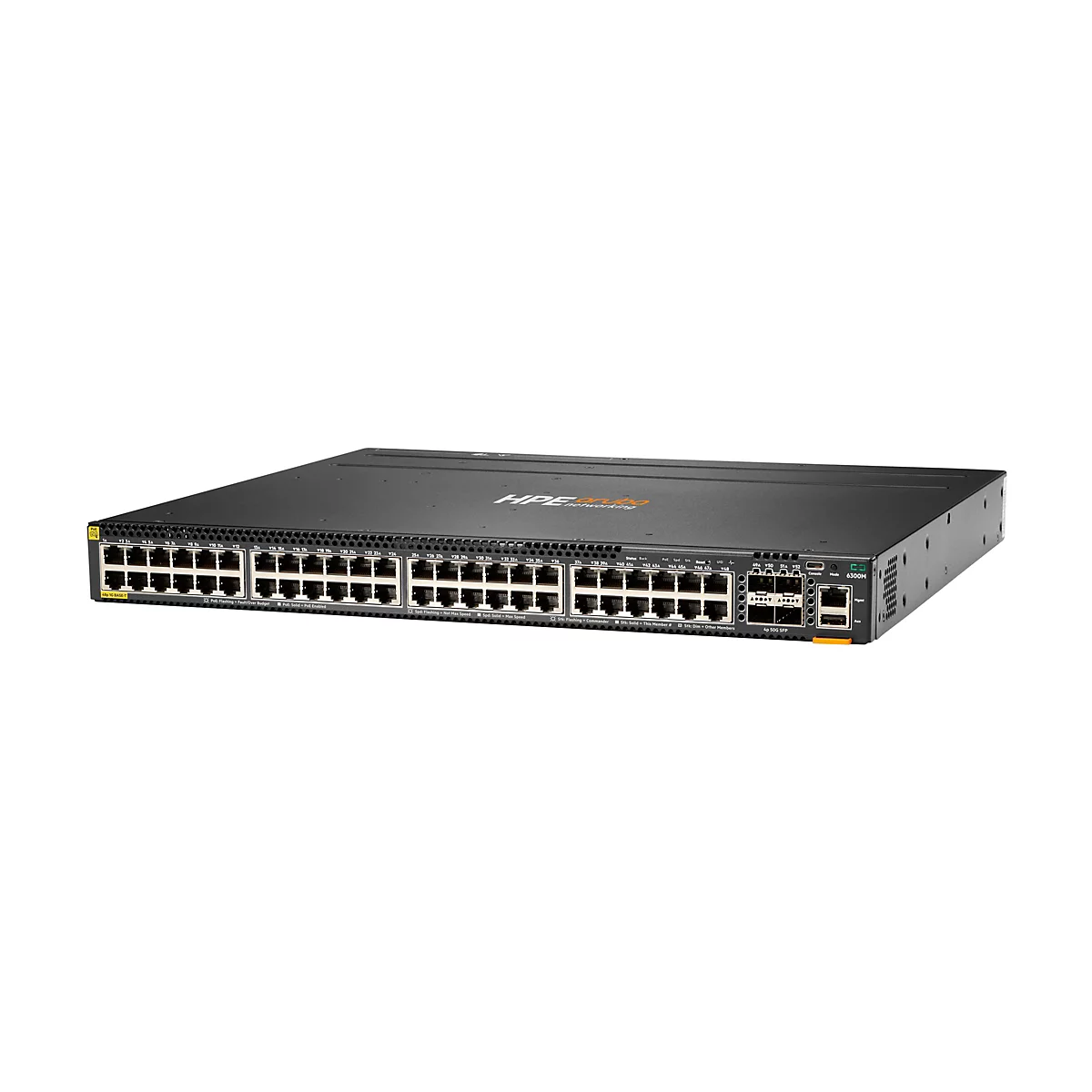 Ein schwarzer Netzwerk-Switch mit zahlreichen Anschlüssen, dem HPE-Logo und der Bezeichnung 6300M. Er steht vor weißem Hintergrund.