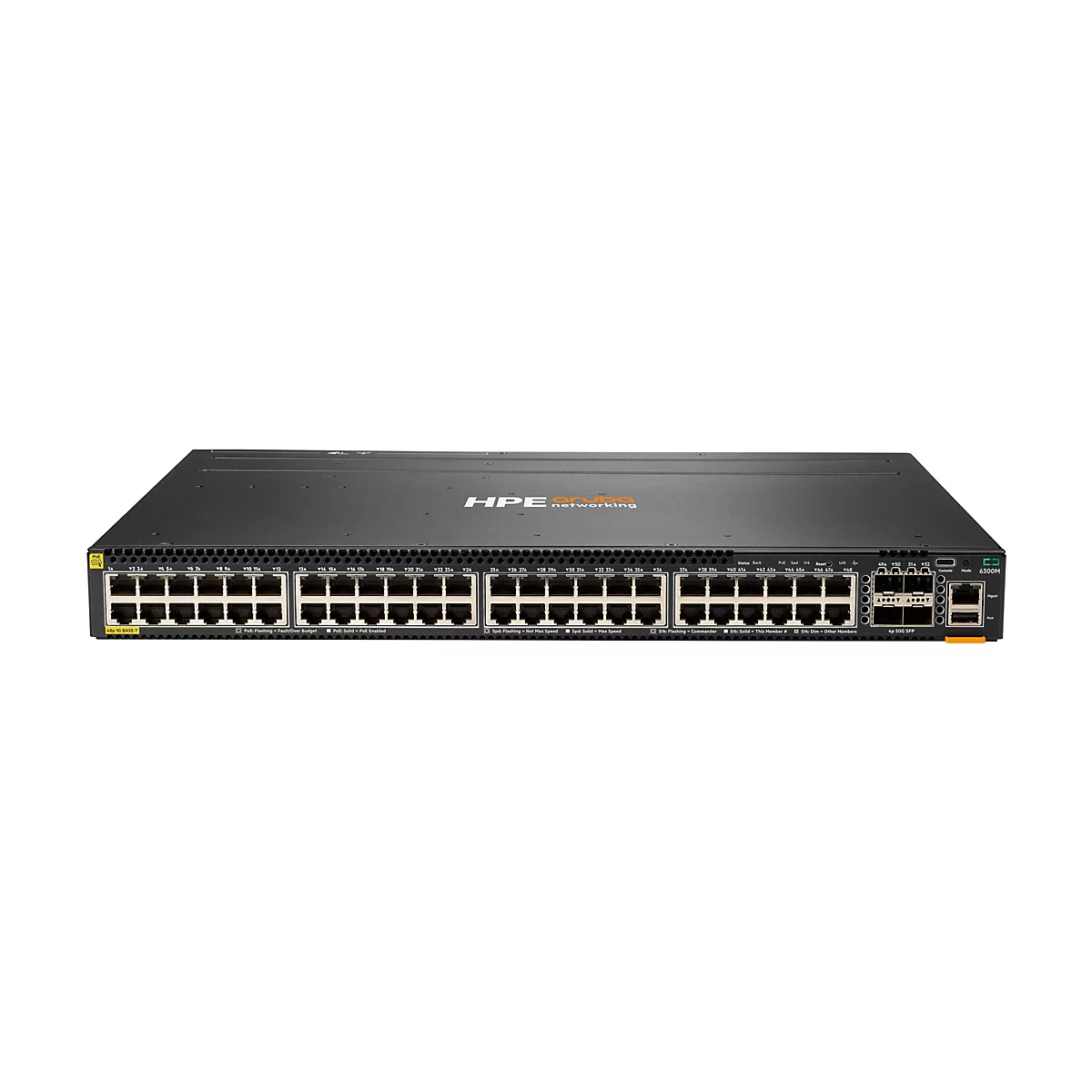 Ein schwarzer Netzwerk-Switch mit zahlreichen Anschlüssen und dem HPE-Logo.