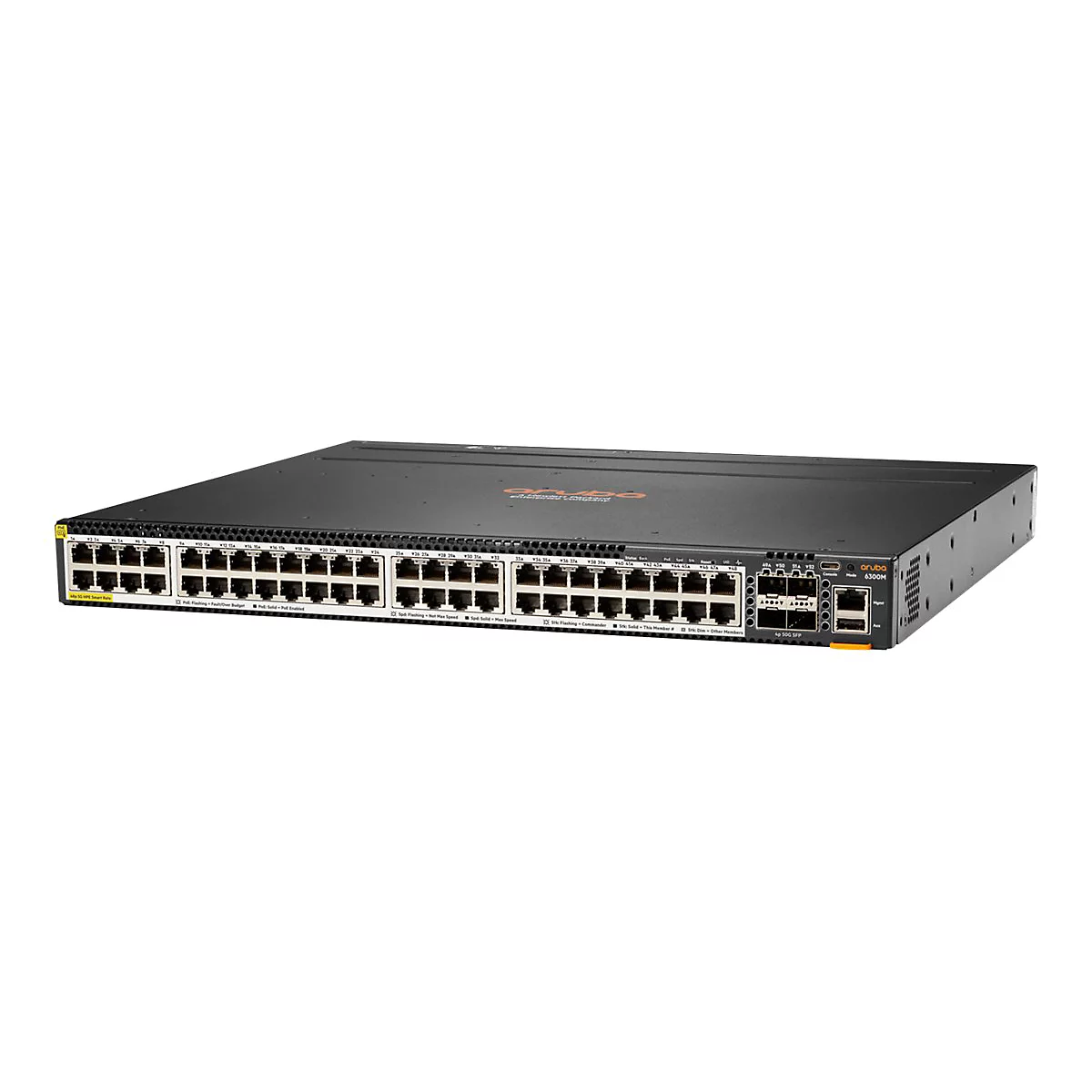 Schwarzer Netzwerk-Switch mit vielen Anschlüssen; Herstellerlogo "Aruba"; vorne gelber Aufkleber.