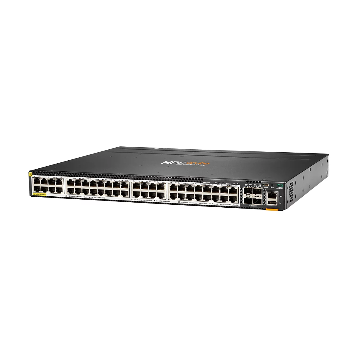 Ein schwarzer HPE Aruba Netzwerk-Switch mit mehreren Ports. Beschriftungen und Anzeigen sind deutlich sichtbar. Die Frontseite weist eine Vielzahl von Anschlussmöglichkeiten auf.