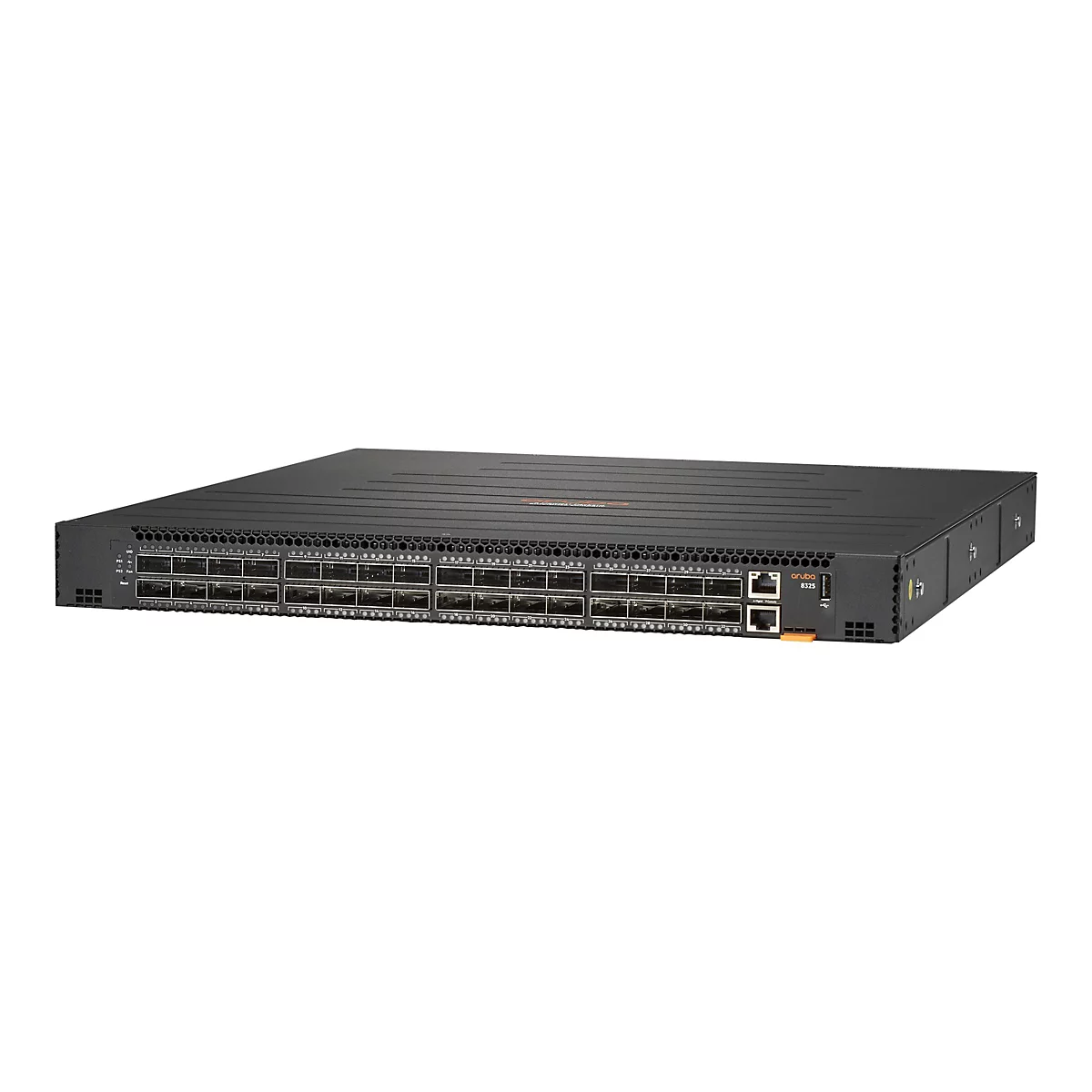 Schwarzer Aruba 8325 Netzwerk-Switch mit zahlreichen Anschlüssen vor weißem Hintergrund.