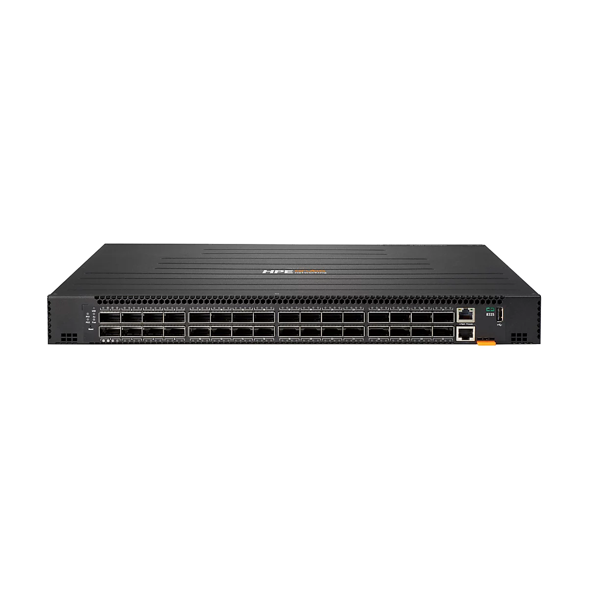 HPE Aruba 8325 Netzwerk-Switch in schwarzem Gehäuse mit zahlreichen Anschlüssen vor weißem Hintergrund.