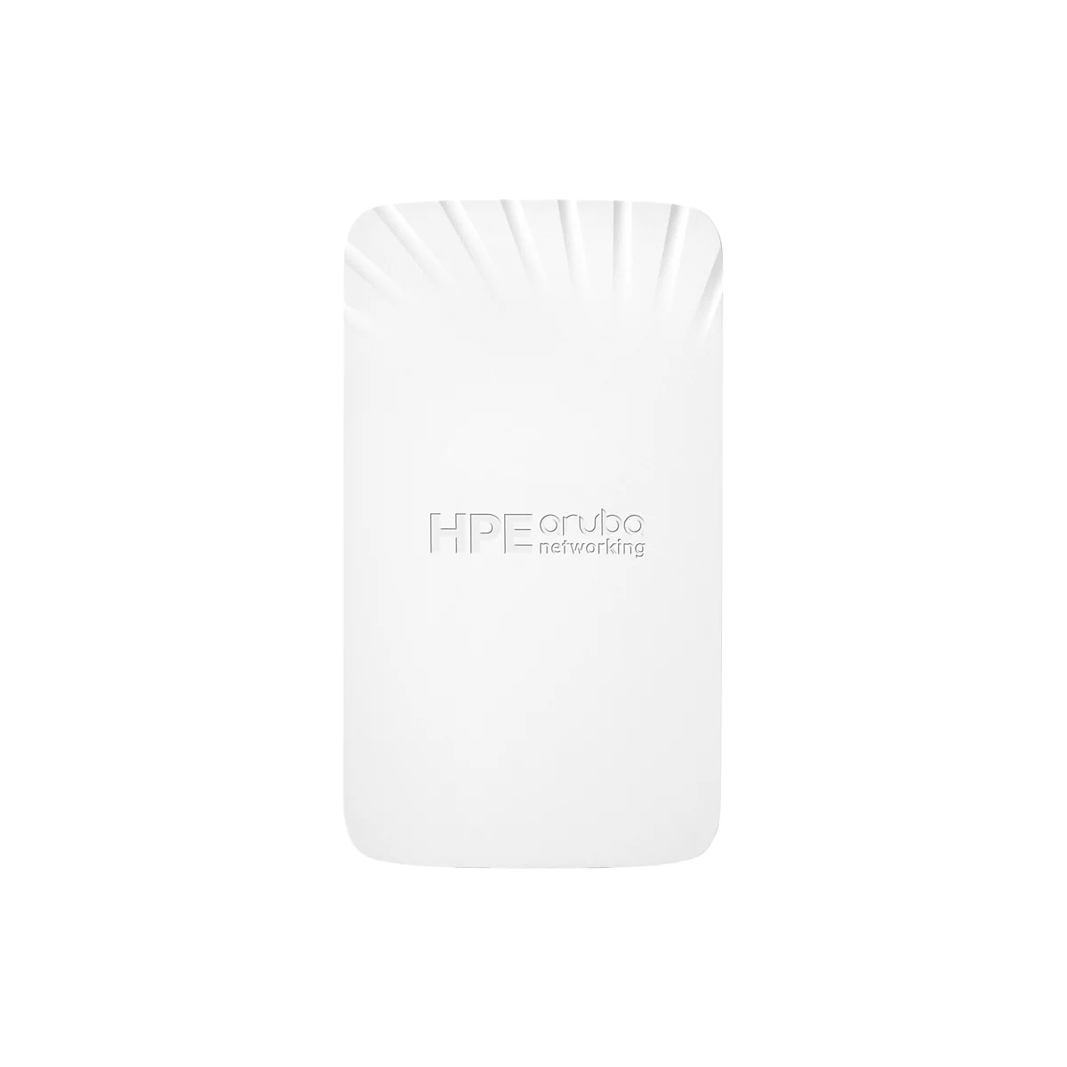 Ein weißes rechteckiges Gerät mit abgerundeten Ecken, auf dem in Grautönen "HPE Aruba networking" steht.