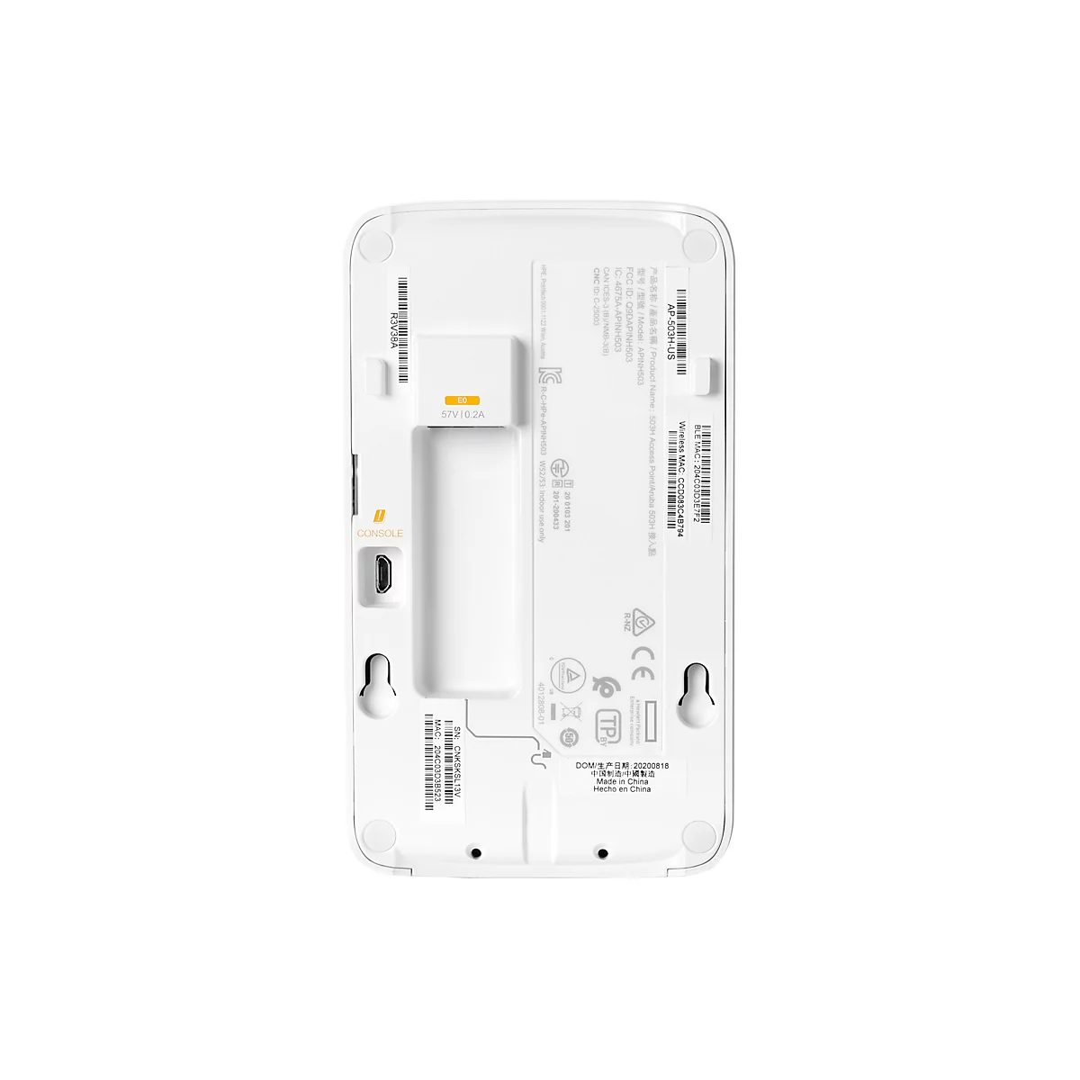 Rückseite eines weißen Access Points mit diversen technischen Informationen, Anschlüssen und Barcodes.