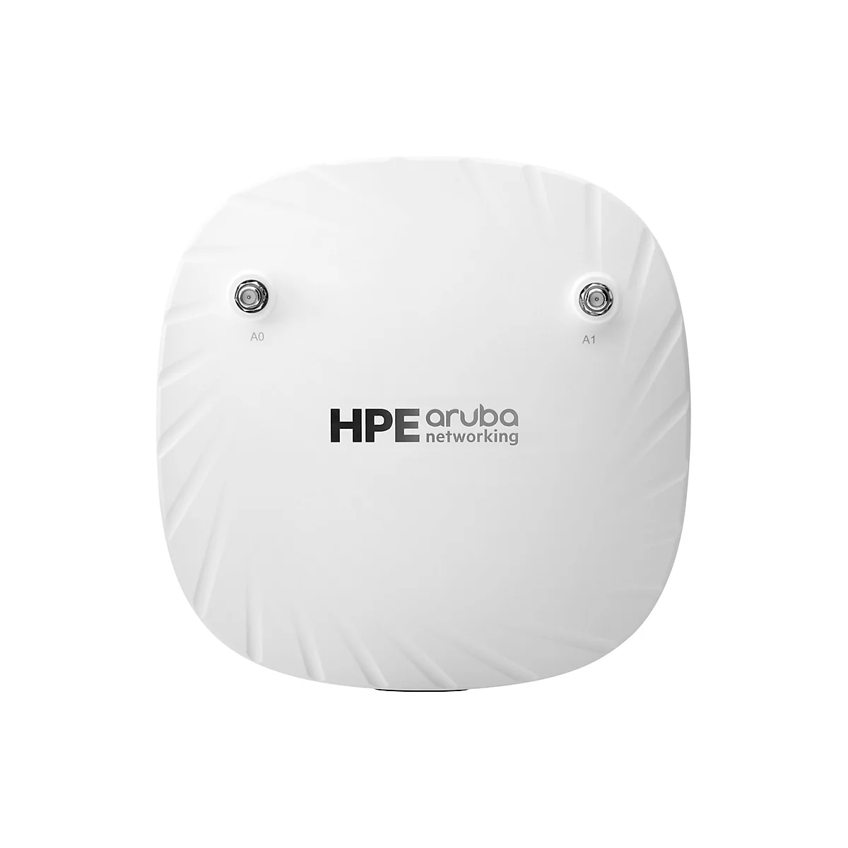 Draufsicht auf ein weißes WLAN-Gerät mit der Aufschrift HPE Aruba. Zwei Antennenanschlüsse, Beschriftung A0 und A1.