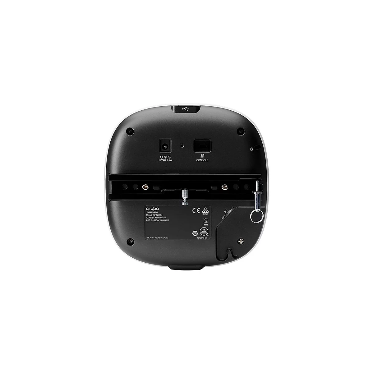 Rückseite eines weißen Aruba-WLAN-Routers. Schwarze Details: Anschlüsse, Label mit Modell- und technischen Daten, Metallhalterung.