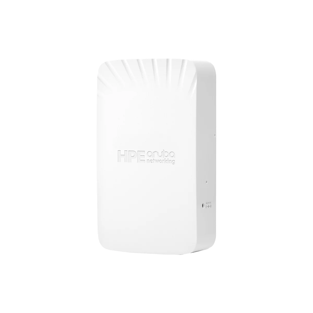 Ein weißes HPE Aruba Netzwerkgerät, leicht schräg von vorne fotografiert. Die Oberseite weist vertikale, flache Rillen auf. Auf der Vorderseite steht der Schriftzug "HPE aruba networking".