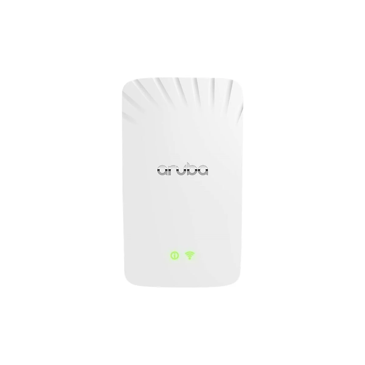 Weißes Aruba-Gerät mit grün leuchtenden Symbolen. Oben das Logo, unten zwei grüne Icons: Info und WLAN.