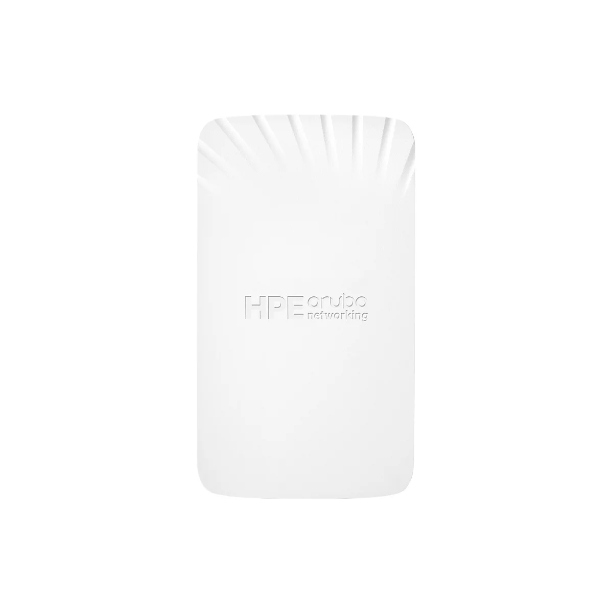 Ein weißes HPE Aruba Netzwerkgerät auf weißem Hintergrund. Der obere Teil hat Rillen, der Schriftzug HPE Aruba Networking ist mittig angebracht.