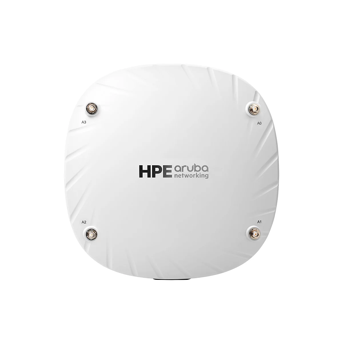 Draufsicht auf einen weißen Aruba-Access-Point. Oben stehen die Buchstaben A3 und A0, unten die Buchstaben A2 und A1. In der Mitte steht das Logo von HPE Aruba Networking.